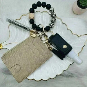 Khaki Card Keychain Wallet wristlet w/ refillable sanitizer bottle